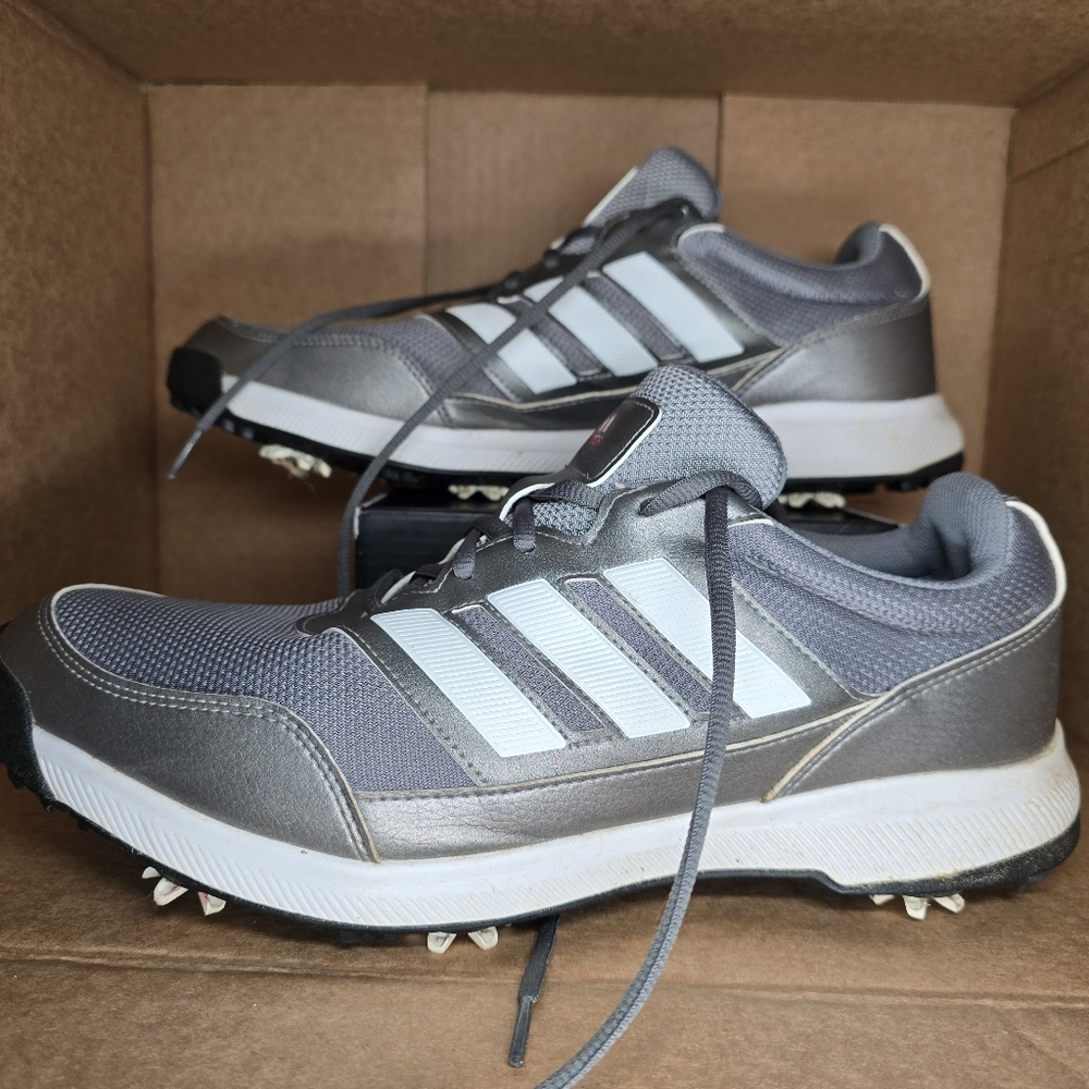 Adidas Tech Response 2.0 Spiked Golf Shoes/Cleats-Mens 13-Metallic Silver/White